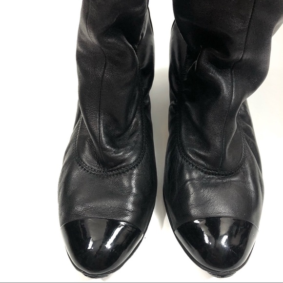 CHANEL • CC Lambskin Leather Thigh-High Heel Boots - Picture 9 of 16